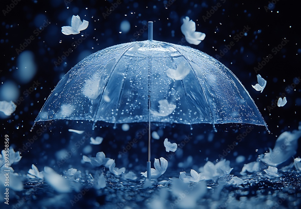 Poster elegant transparent umbrella surrounded by flower petals creating a serene rainy atmosphere : genera