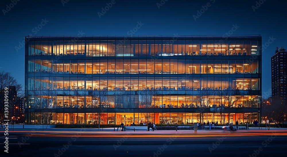 Aufkleber night view of modern office building showcasing illuminated interior spaces and blurred street light