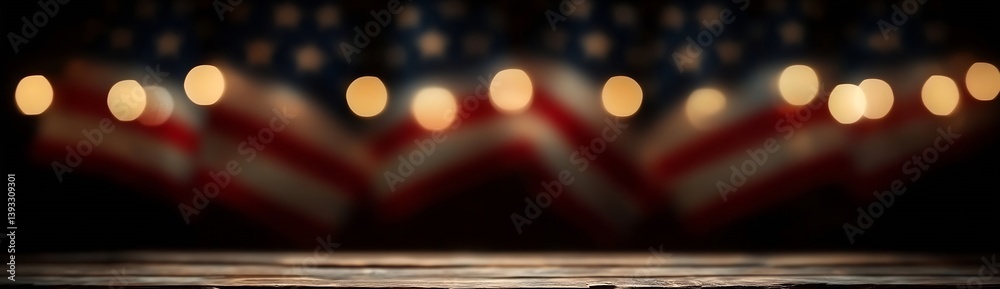 Poster patriotic american flags with bokeh lights on rustic wooden table perfect for 4th of july and memori