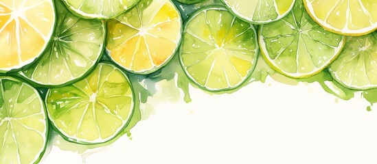 Border with watercolor lemon fruits and branches on white background. Citrus frame. Yellow tropical fruits. Summer and spring frame template with copy space for greeting card, banner, poster, mockup
