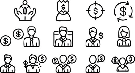 Fototapeta premium Business and Finance Line Icons Set | Strategy, Leadership, Growth, Innovation, and Money Management Vector Collection.