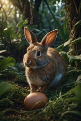 Obraz premium A rabbit holding an egg in the middle of a jungle, surrounded by dense foliage, creating a whimsical and intriguing natural scene