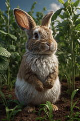 Fototapeta premium A cute little rabbit sitting on a farm bed, surrounded by fresh vegetables, showcasing its adorable and playful nature in a charming farm scene
