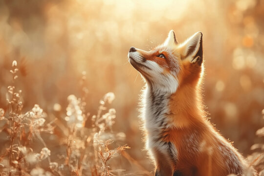 Red fox looking up in sunlit field during golden hour