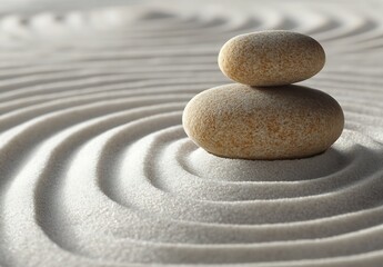 Pair of soothing stones on gently rippled sand symbolizing calmness and tranquility in Zen art : Generative AI