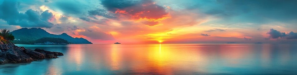 Fototapeta premium Vibrant Tropical Sunset Panorama Over Calm Ocean Waters with Lush Islands and Fiery Sky Hues for Serene Coastal Escape : Generative AI