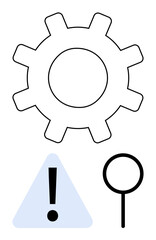 Gear for process, triangle with an exclamation for caution, magnifying glass for investigation and analysis. Ideal for problem solving, optimization, research, troubleshooting, error detection