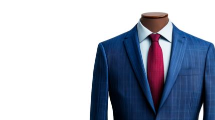 Blue suit with a red tie, formal clothing, apparel, mannequin, cut out transparent