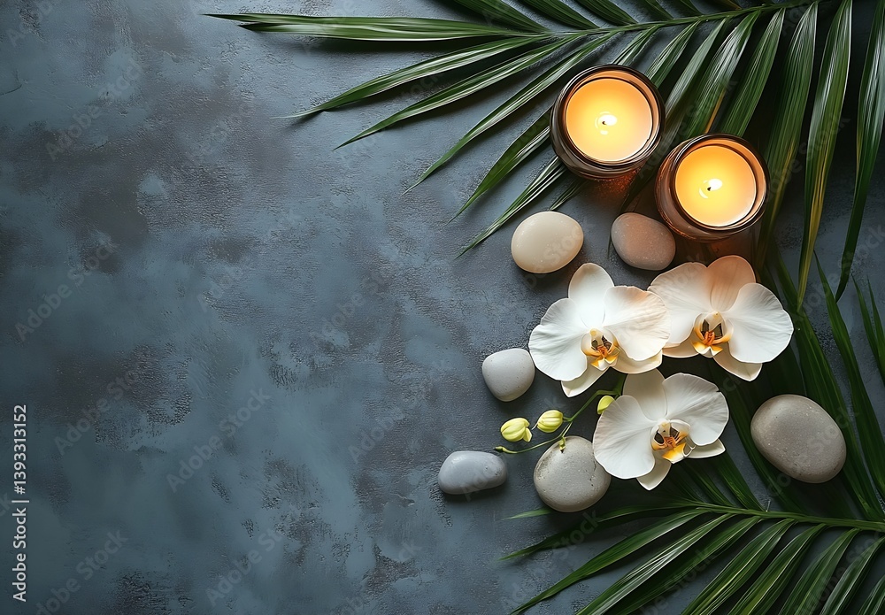Aufkleber Tranquil Spa Arrangement Overhead View Candles Orchids and Green Leaves on Slate Background : Generative AI