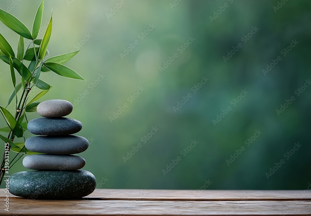 Poster zen stones and bamboo still life serene spa scene with balanced rocks and greenery on wooden surface