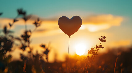 Fototapeta premium Heart-shaped balloon floats against a vibrant sunset, symbolizing love and hope. Warm colors evoke feelings of happiness and serenity in nature's embrace.