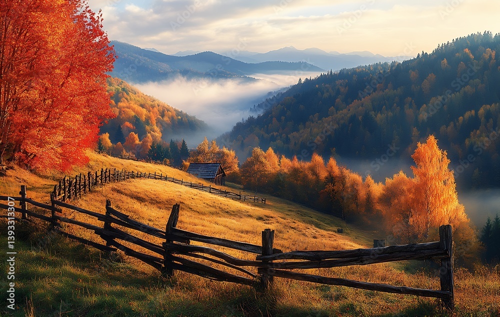 Poster gorgeous autumn vista featuring vibrant trees rolling hills and enveloping mist : generative ai