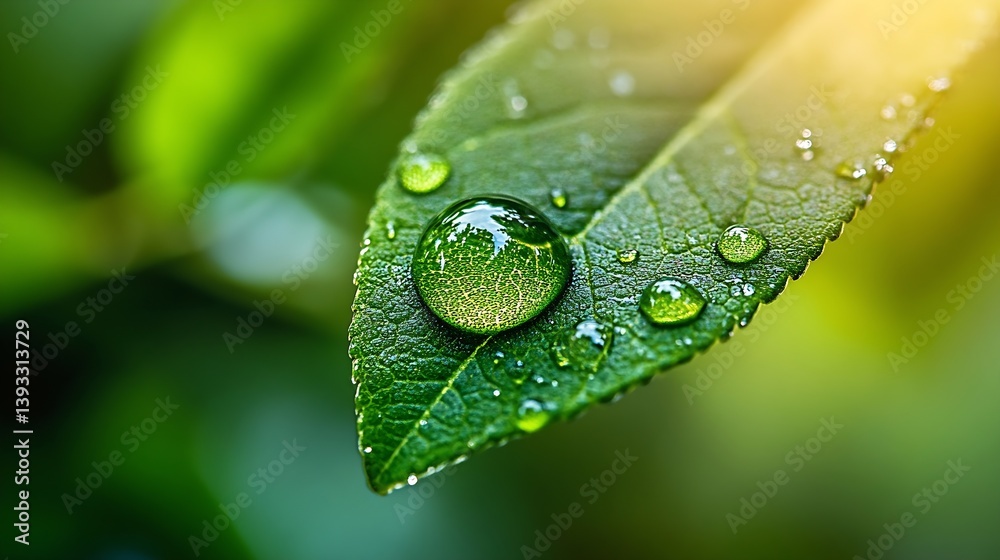 Poster close up of green leaf with water droplets sparkling in sunlight dew drops on leaf macro shot : gene