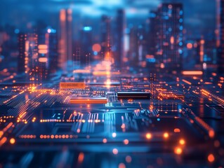 Abstract circuitry glows in vibrant blue tones, surrounded by a futuristic city skyline. Light trails illustrate connectivity and digital innovation, reflecting a high-tech environment.