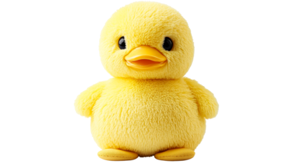 Yellow plush duck, cute, stuffed toy, isolated, present, cut out transparent