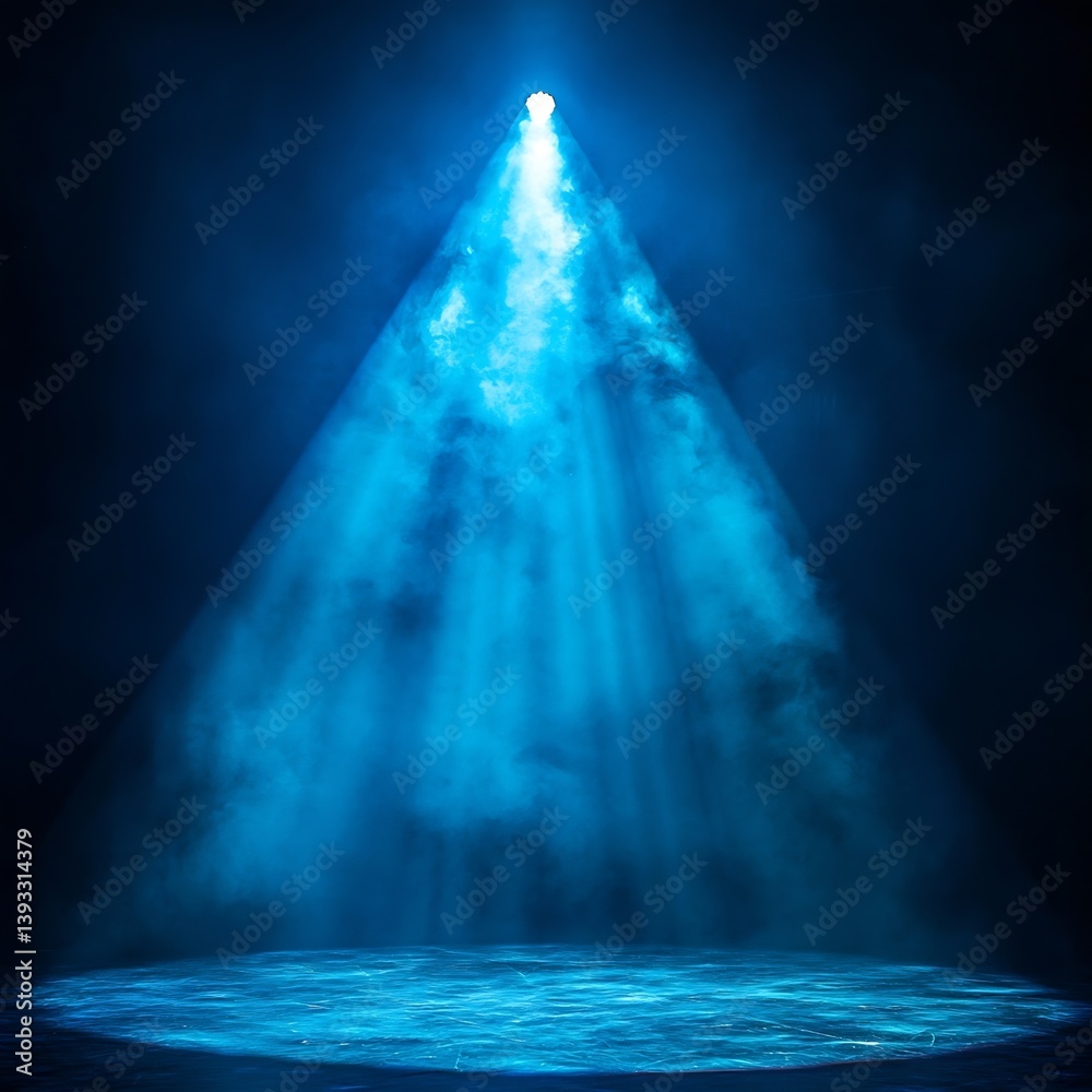 Poster dramatic blue light beam illuminating a foggy stage dark atmospheric scene studio background : gener