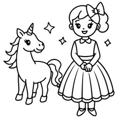 girl with a  unicorn coloring book illustration