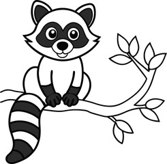 Cute Raccoon Sitting on Tree Branch Illustration