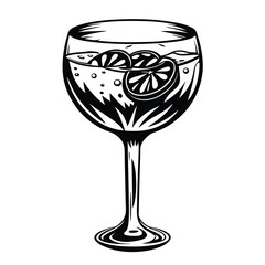 Monochrome Goblet with Sliced Oranges and Bubbles, Black Outlined and Isolated on White
