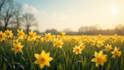 Fototapeta premium Springtime blooming daffodil field countryside nature photography serene environment ground level floral concept