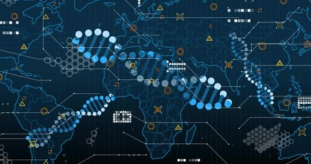 Animation of DNA strands and data symbols overlaying map, showing global research
