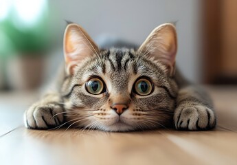 Cute Tabby Cat Lying Down Close Up Portrait Green Eyes Focused Relaxed Domestic Animal Adorable Feline Friend on Wooden Floor : Generative AI