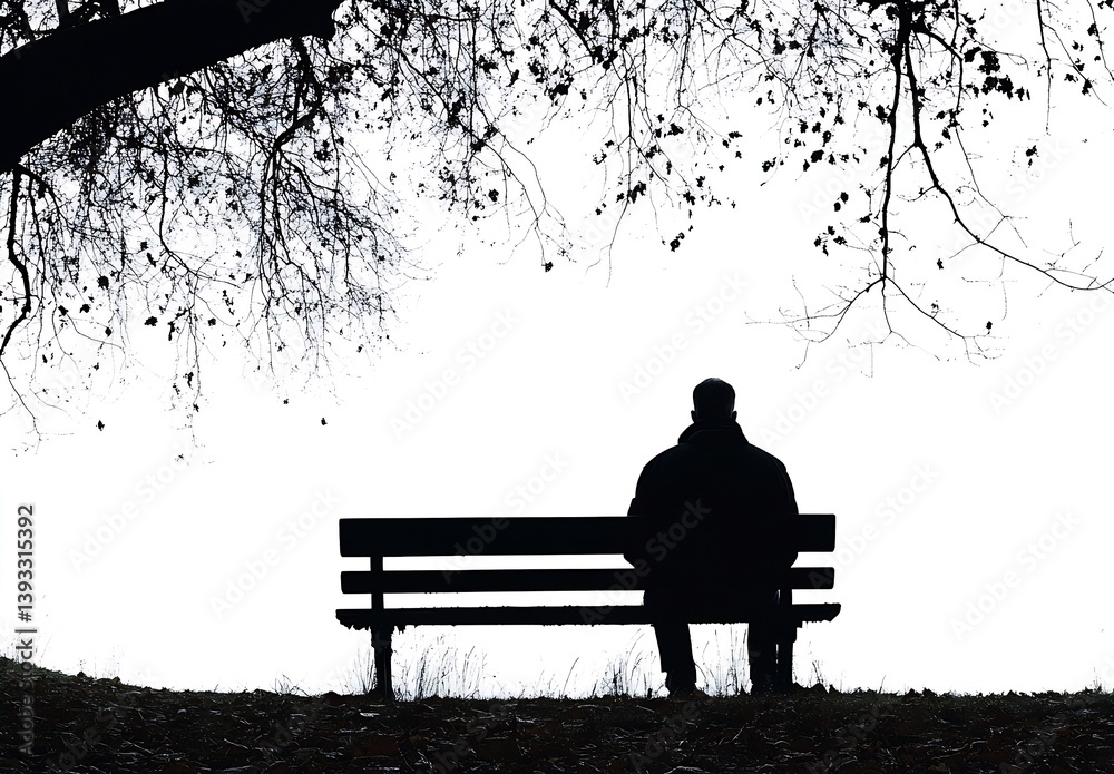 Aufkleber contemplative man sitting on bench in silhouette under a tree captured in monochrome tones : generat