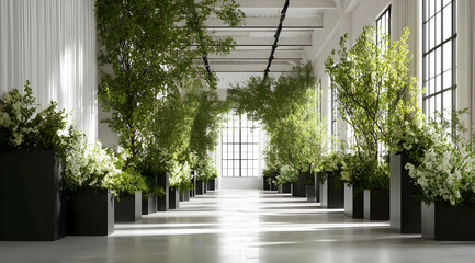 Symmetrical indoor landscape with green plants in contemporary architectural space