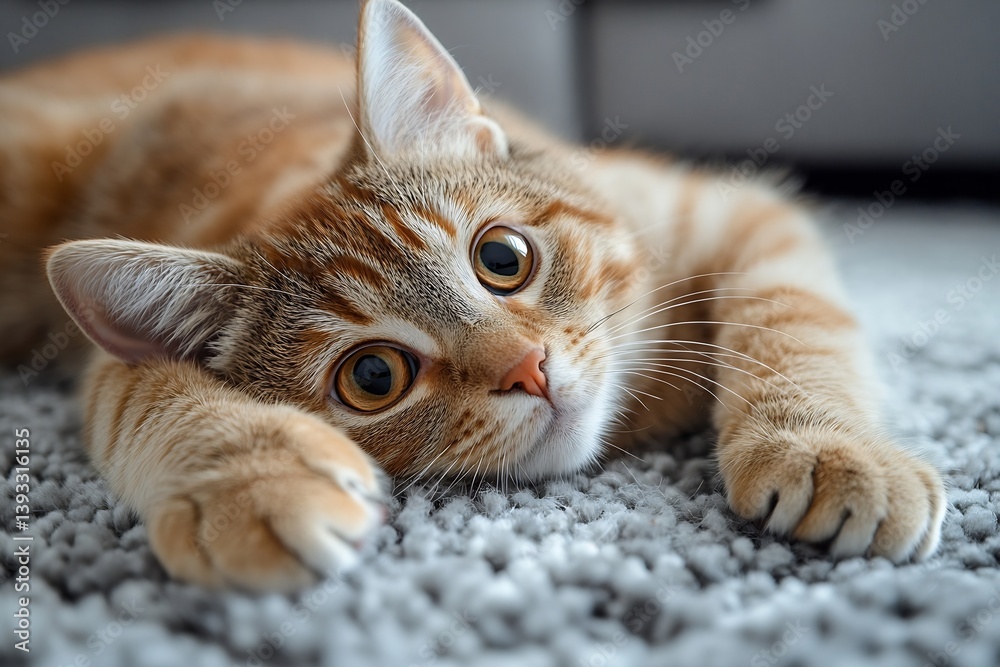 Poster adorable ginger tabby kitten relaxing on soft gray carpet at home pet portrait close up : generative