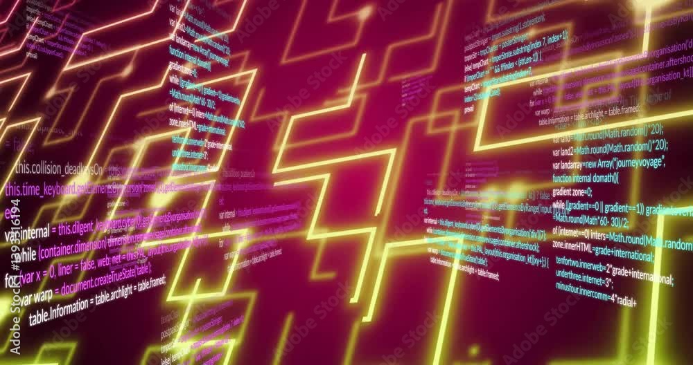 Poster programming code overlay on red background with neon yellow geometric patterns