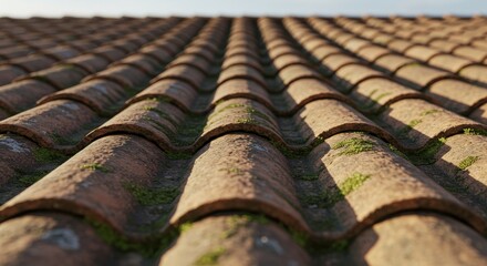 Old Tile Roof Texture - Close-up view of an old tile roof with moss growing in between the tiles. Shows texture and age
