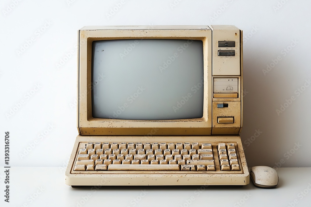 Poster Vintage Computer Setup with Monitor Keyboard and Mouse Retro Technology Office Equipment Antique Device on White : Generative AI