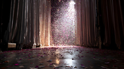 Dramatic theater stage with falling confetti and elegant drapes evoking celebration
