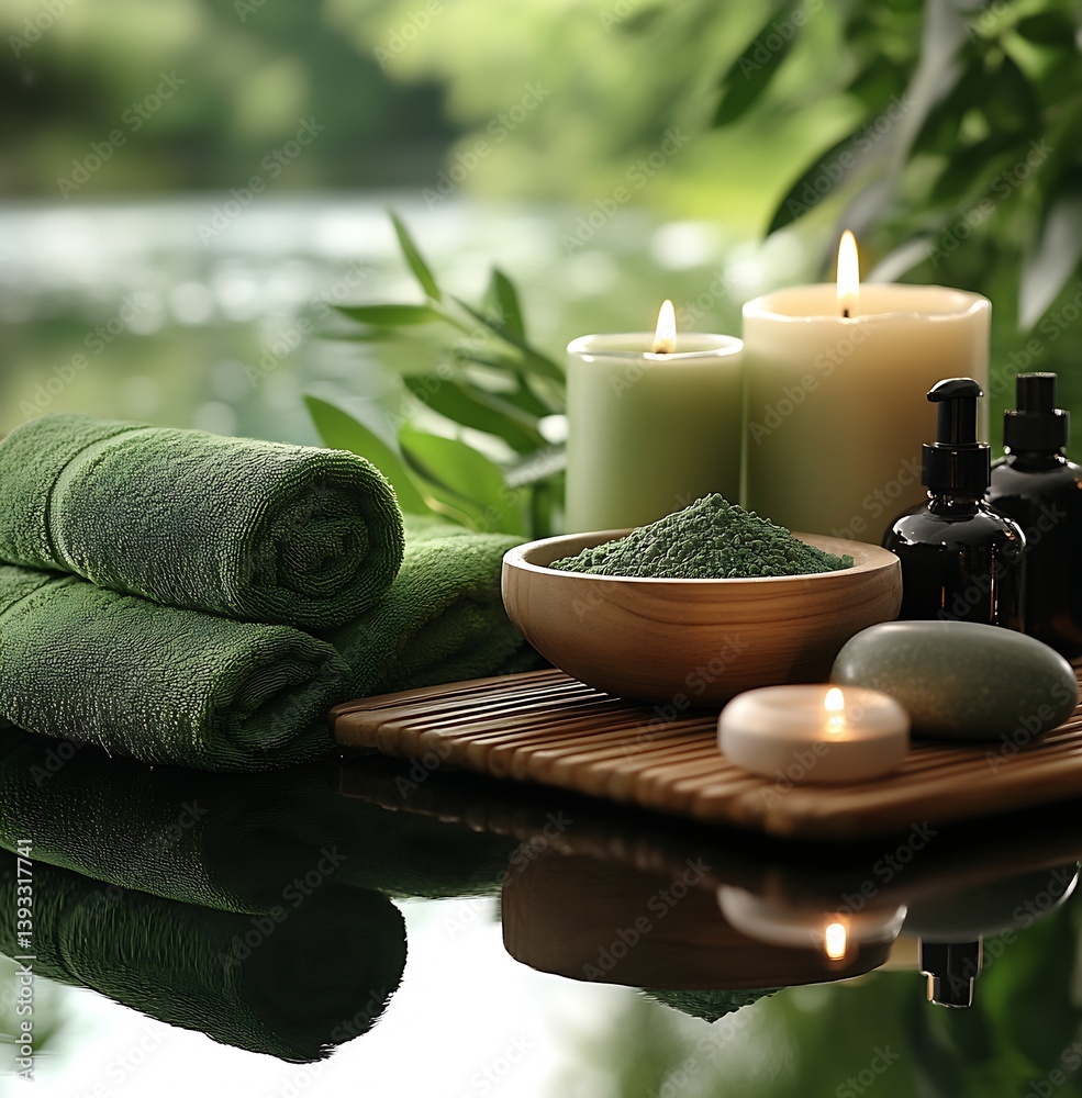 Poster serene spa scene with green towels natural powder candles and stones arranged for a relaxing experie