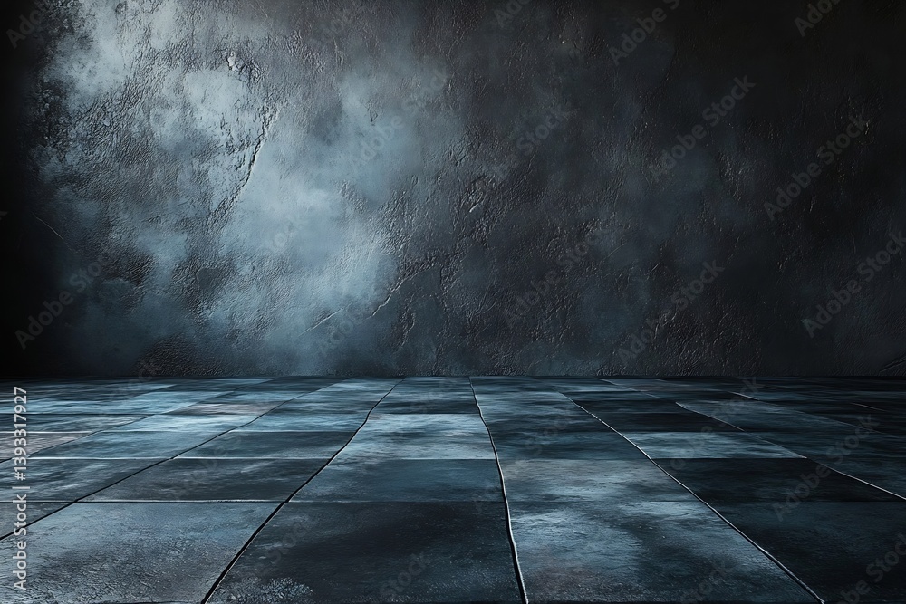 Poster dramatic dark room interior with textured walls and tiled floor moody ambiance and atmospheric light