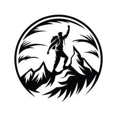 Silhouette Hiker with Backpack Reaching Mountain Top, Mountain Range in a Circular Design
