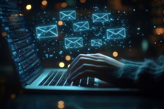 Email Marketing Concept with Laptop Glowing Envelope Icons. Digital Communication Online Messaging and Business Technology : Generative AI