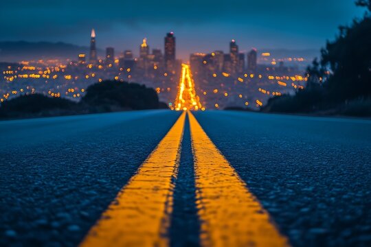 Cityscape at Dusk Captivating Road Leading to the San Francisco Skyline with Sparkling Lights a Nighttime Adventure : Generative AI