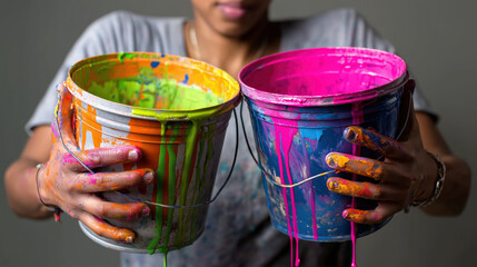 A woman is holding two paint buckets, one green and one pink. The buckets are covered in paint, and the woman's hands are also covered in paint. Concept of creativity and artistic expression