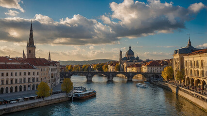 Fototapeta premium Historical European Cityscape with River and Bridge
