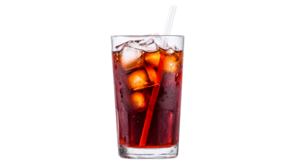 Refreshing cola with ice and straw, cold carbonated drink, cut out transparent