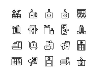 Airport Services Vector Icon Set | Adjustable Line Weight | Terminal, check-in, security check, luggage, passport control, boarding, customs, baggage claim, flight information icons