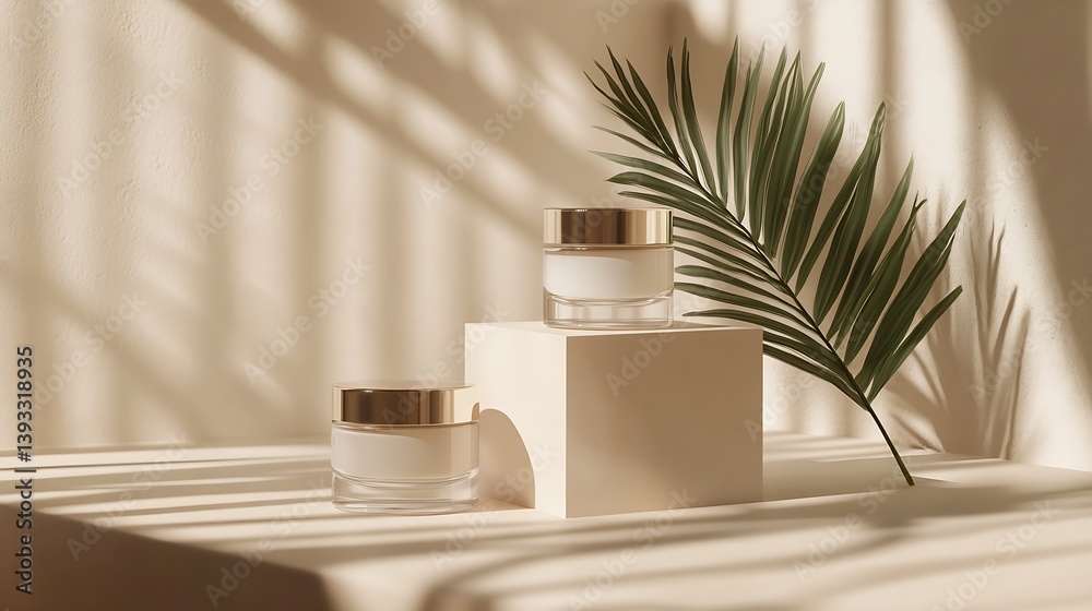 Poster luxurious skincare jars elegantly displayed with textured surfaces and a tropical leaf accent : gene
