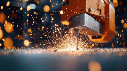 Metal cutting process takes place in a workshop as workers operate machinery, producing bright sparks and showcasing the skilled labor involved in industrial tasks