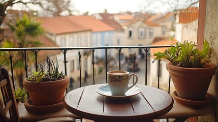 A cup of coffee sits on a table outside on the balcony