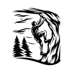 Silhouette Rock Climber Scaling Cliff Face, Outdoor Adventure, Monochrome Forest Element