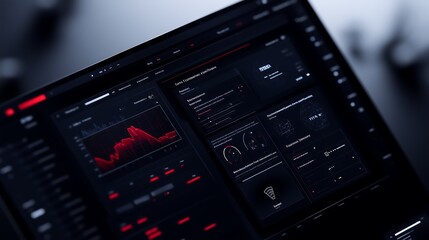 A futuristic interface displaying a business professional analyzing risk management and financial forecasting with icons for strategy, compliance, threat assessment, and insurance