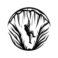 Silhouette Ascending Man on Cliffside with Rope, Bold Circular Frame, Adventure Concept