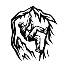 Silhouette Climber Ascending Rope, Isolated, Holding Gear, Wearing Helmet, Safety Harness