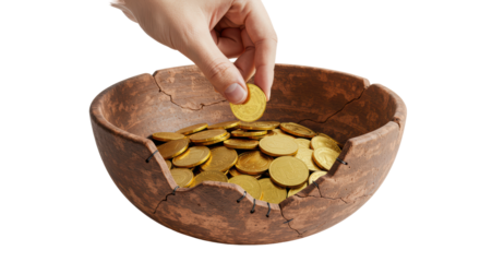 Isolated Hand Placing Coin into Broken Bowl Full of Gold
